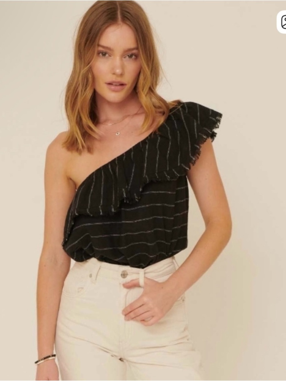 Promesa One-Shoulder Black Ruffle Stripe Bodysuit